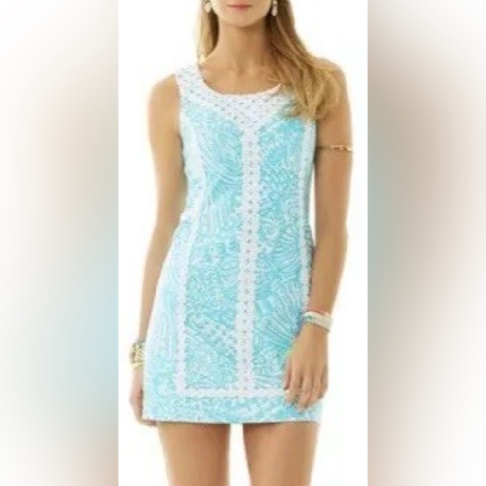 Lilly Pulitzer MacFarlane Shift Dress Shorely Blue Sea Cups Lace Trim Sz. 10 EUC - Picture 2 of 11